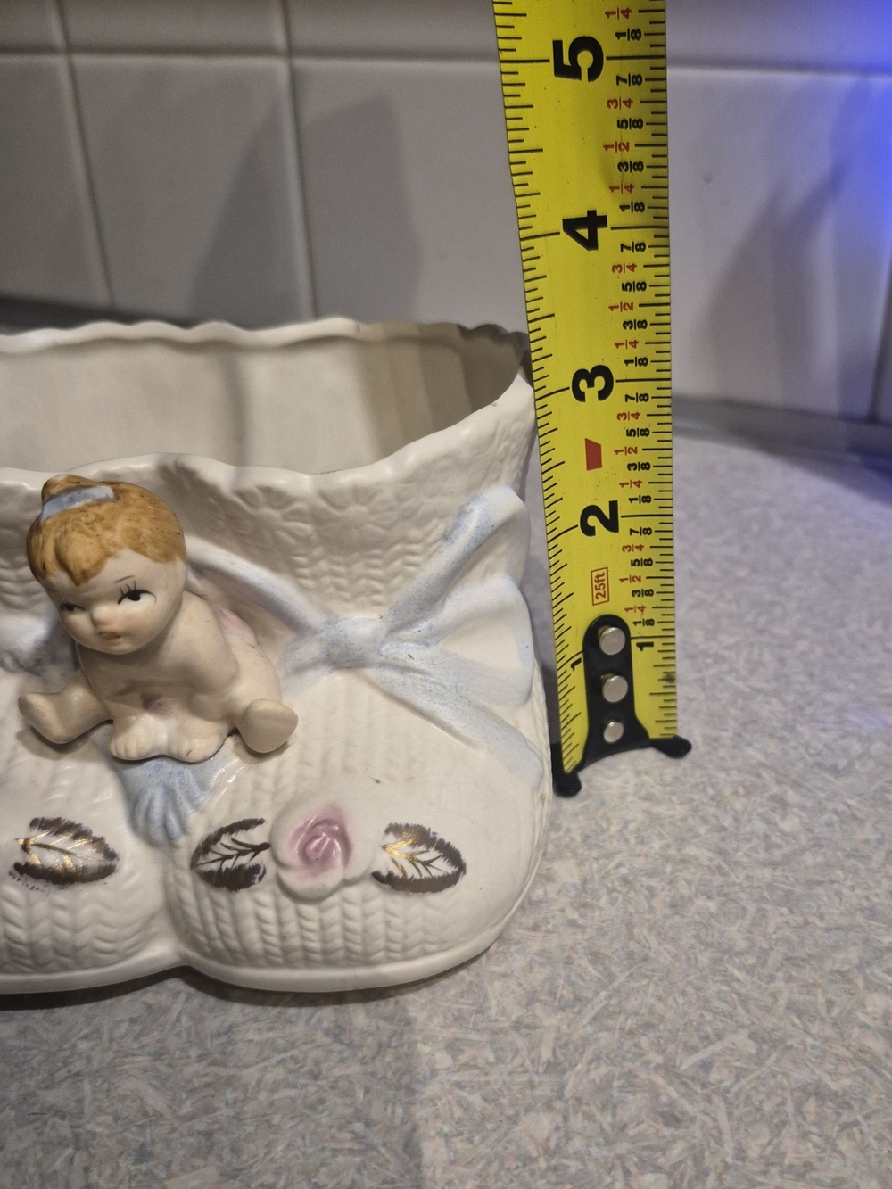 Ceramic Baby Boot Planter with Figurine - White, Pink, Blue - Picture 4 of 6